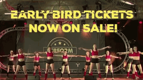 early bird tickets are now on sale with a group of young girls dancing