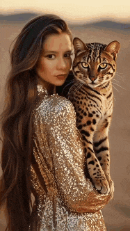 a woman in a gold sequined dress is holding a leopard in her arms .