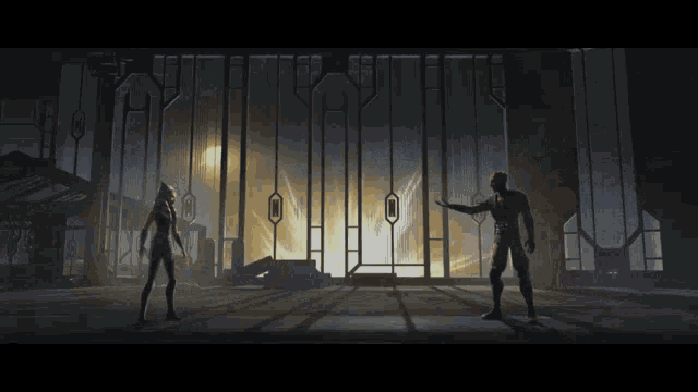 a man and a woman are standing in front of a building