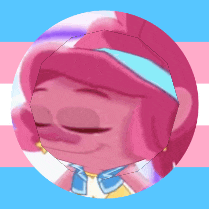 a cartoon character with pink hair and a blue bow tie is in a circle .