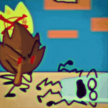 a cartoon of a leaf with a crown on its head is standing next to a brick wall .