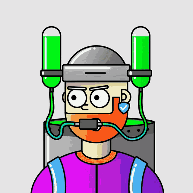 a cartoon of a man wearing a helmet with two green tubes attached to his head