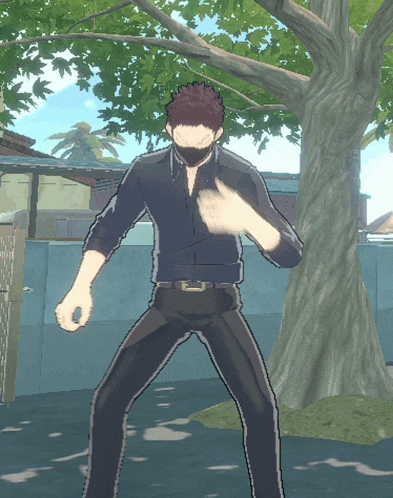 a man wearing a black shirt and black pants is standing in front of a tree