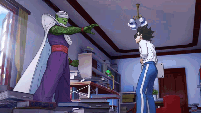 piccolo and goku are standing in a room with a book called success