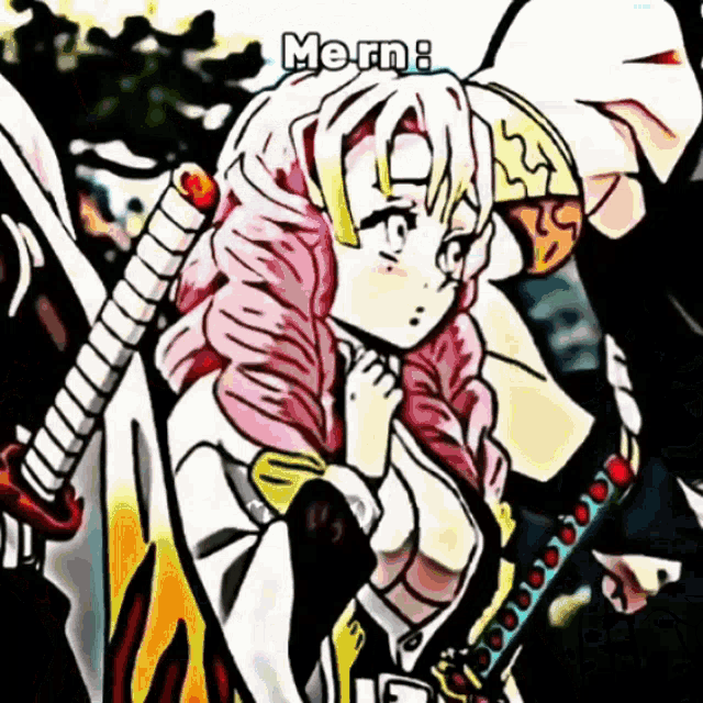 a drawing of a girl with pink hair holding a sword with the word mern written above her