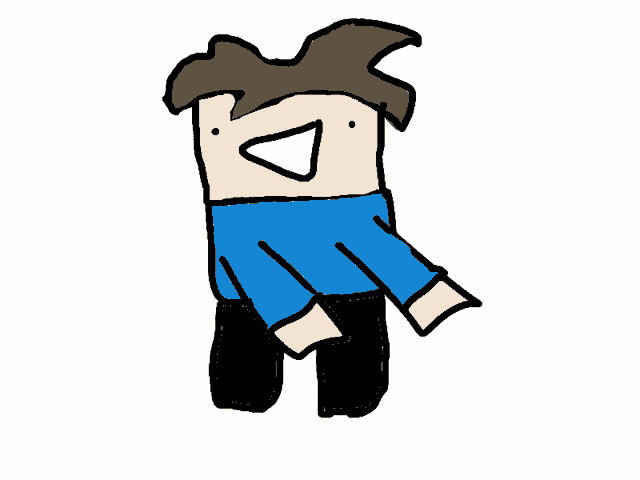a drawing of a man with a blue shirt and black pants