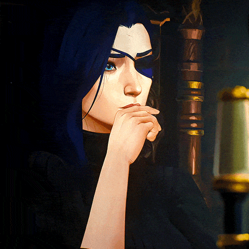 a drawing of a woman with blue hair and a hand on her chin