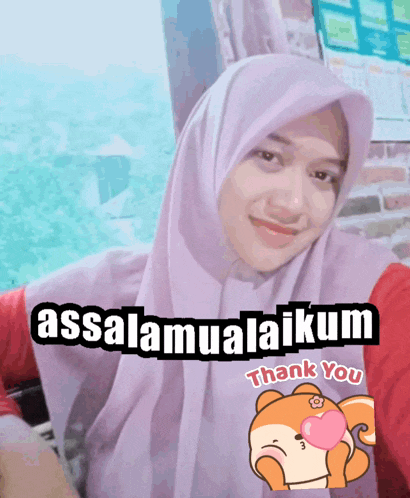 a woman wearing a hijab with the words assalamualaikum thank you on the bottom