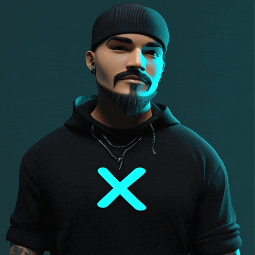 a man with a beard is wearing a black hoodie with a blue x on the front