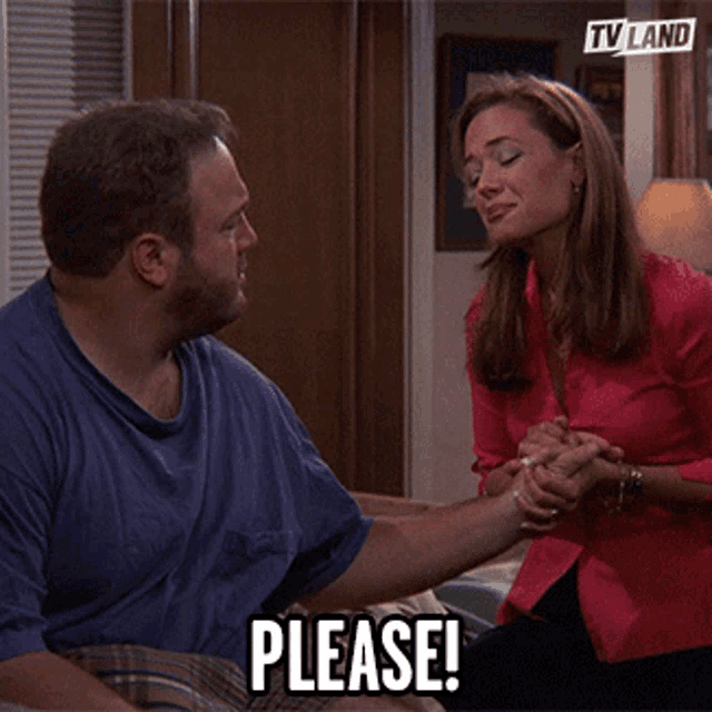 a man and a woman are holding hands and the man says please