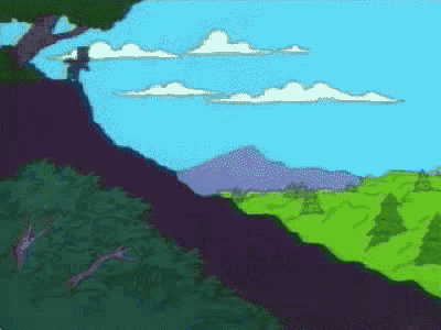 a cartoon drawing of a landscape with mountains and trees