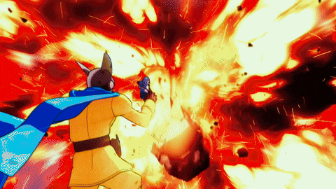 a cartoon character with a blue cape is standing in front of a fireball