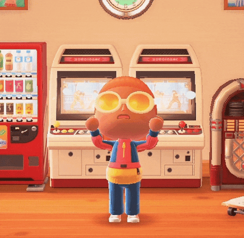 a cartoon character wearing sunglasses stands in front of a machine that says arcade