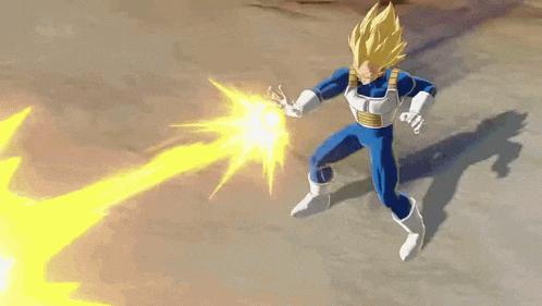 a cartoon character in a blue and white uniform is shooting a lightning bolt