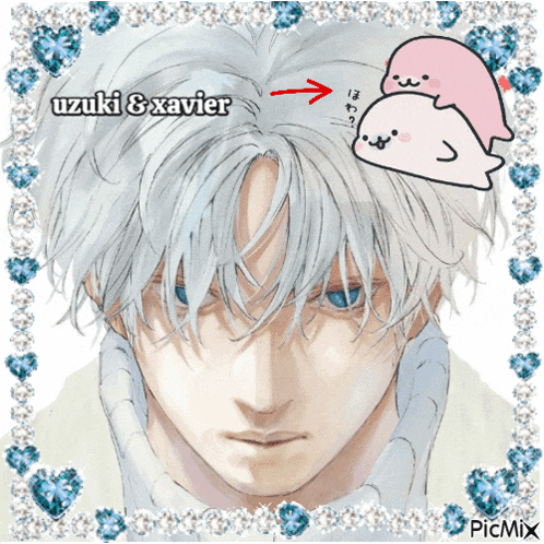 a drawing of a man with white hair and the words uzuki & xavier