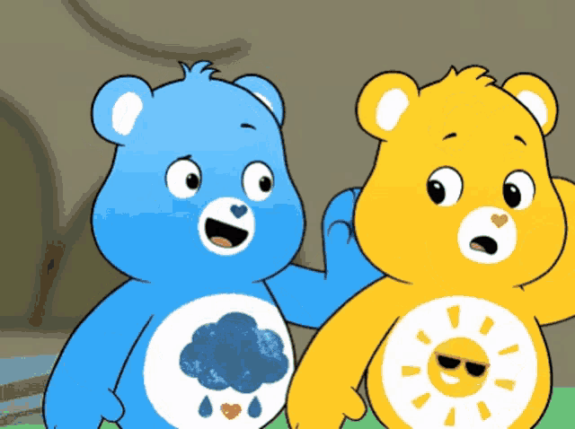two care bears are standing next to each other and one bear has a cloud on its chest
