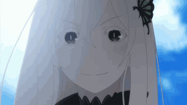 a girl with white hair and black eyes has a green butterfly in her hair