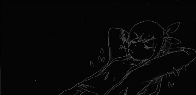 a black and white drawing of a girl sleeping with her head on her arms .