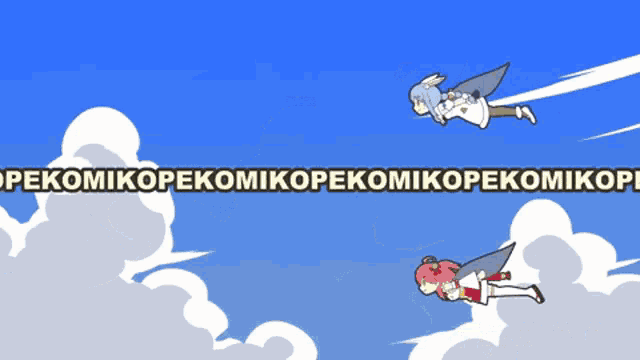 a cartoon of two girls flying in the sky with the words " pekomikopekokomikopekokomikope " written on the bottom