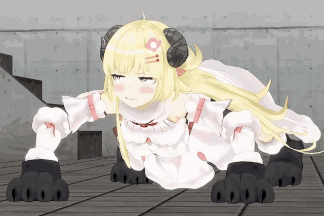 a cartoon girl with horns is doing push ups on the floor
