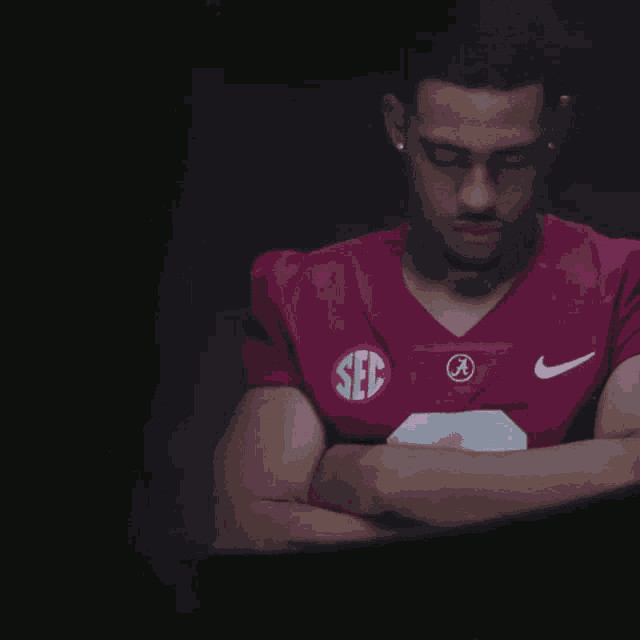 a man with his arms crossed wearing a sec shirt