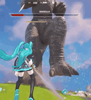 hatsune miku is standing next to a giant monster in a video game .