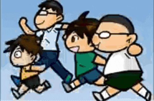 a cartoon of a group of people running together
