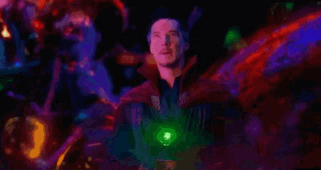a man in a red coat is standing in front of a colorful background with the words endless looped time .