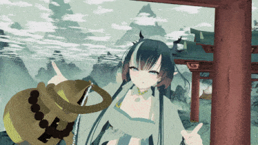 a girl with horns is holding a bucket and giving a thumbs up
