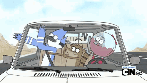 three regular show characters are driving a car