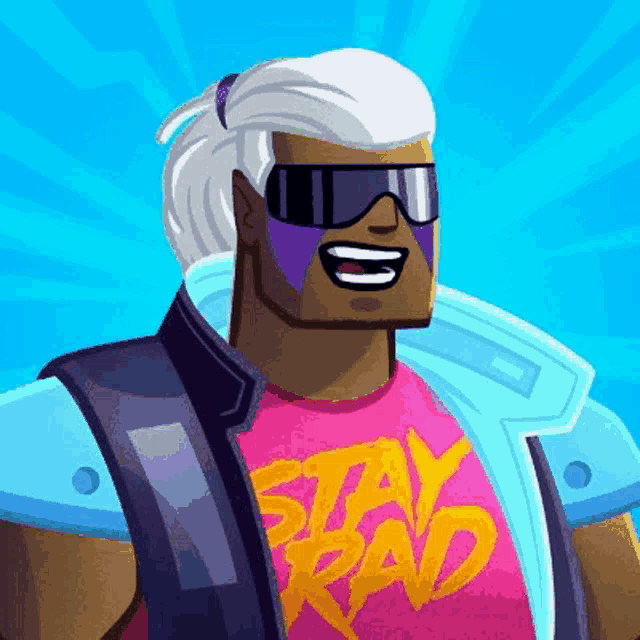 a cartoon character is wearing sunglasses and a shirt that says stay rad