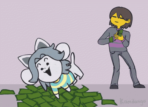 a cartoon of a person standing next to a pile of money and a dog laying on the ground