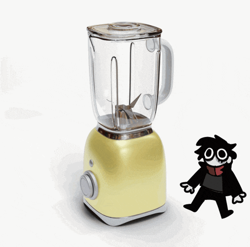 a yellow blender is next to a black and white cartoon character