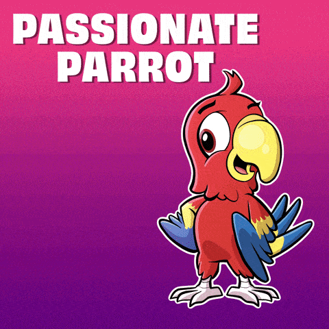 a cartoon parrot with the words " passionate parrot " below it