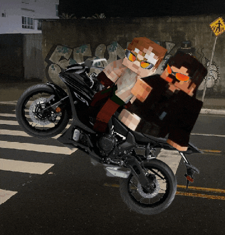 two minecraft characters are riding a motorcycle on a street at night