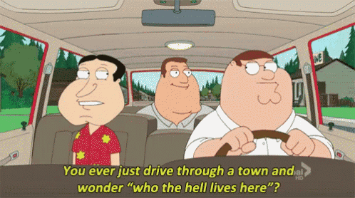 three cartoon characters in a car with one saying " you ever just drive through a town and wonder "