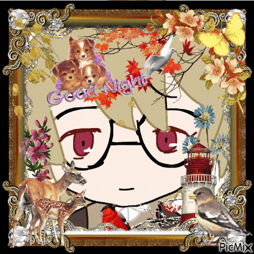 a picture of a girl with glasses and the words good night written on it