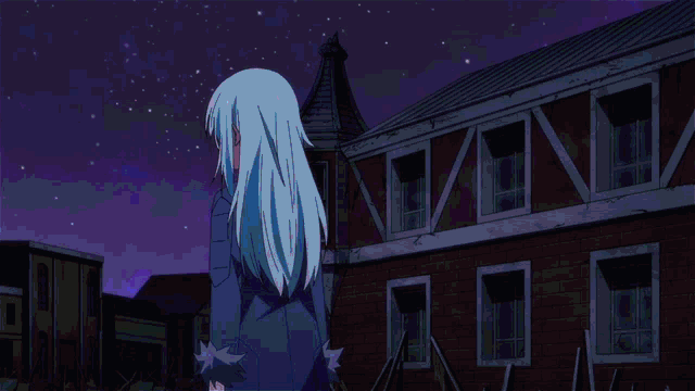 a cartoon of a girl standing in front of a building with the letters he and h glowing behind her