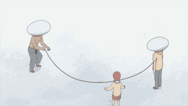 a cartoon of a girl jumping a jump rope with two men