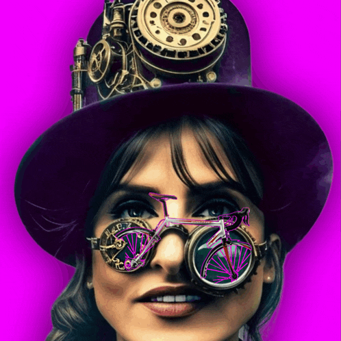 a woman wearing a steampunk hat and goggles with a bicycle on her face