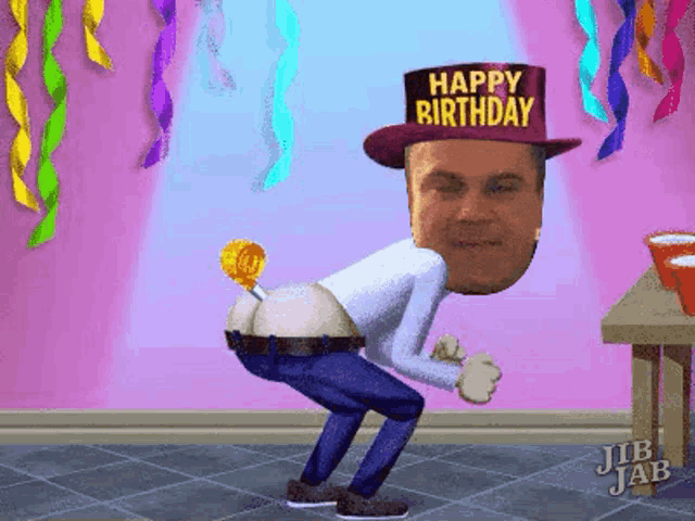 a man is wearing a hat that says happy birthday and has a lollipop in his butt .