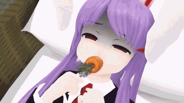 a girl with purple hair is laying on a bed eating a carrot