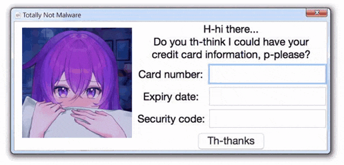 a totally not malware window with purple haired anime girl