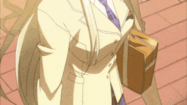 a girl in a school uniform is carrying a book and a briefcase