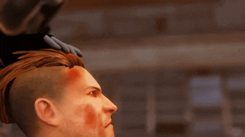 a robot is pointing a gun at a man 's head in a video game