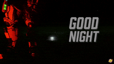 a video game says good night with a robot in the background