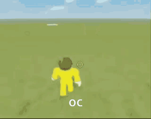 a person in a yellow suit is walking in a field with the letters oc on the ground