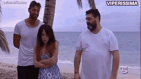a group of people are standing on a beach with palm trees .