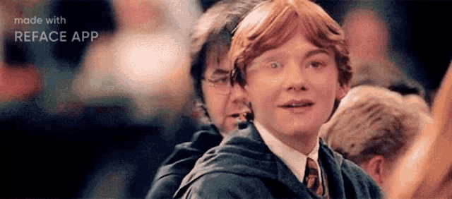 harry potter and ron weasley are sitting next to each other in a crowd and looking at each other .