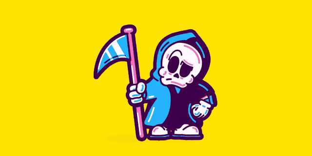 a cartoon grim reaper is holding a large scythe